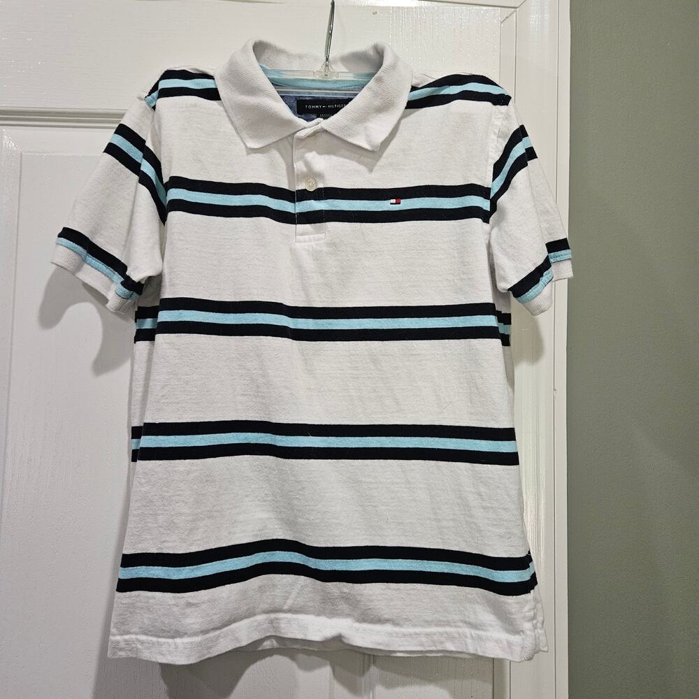 Tommy Hilfiger Boy's‎ Medium (12/14) White & Blue Striped Short Sleeve Polo